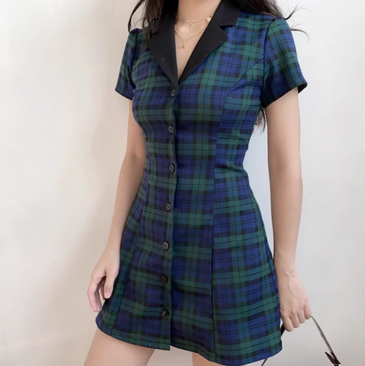 Retro Summer Dress A Line Checkered Short Skirt Women Teenage Girl Everyday Date Dress D2278
