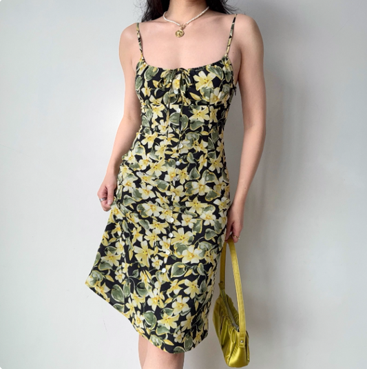 Retro Summer Dress Spaghetti Straps Lace up Floral Short Skirt Women Teenage Girl Vacation Date  Dress D2279