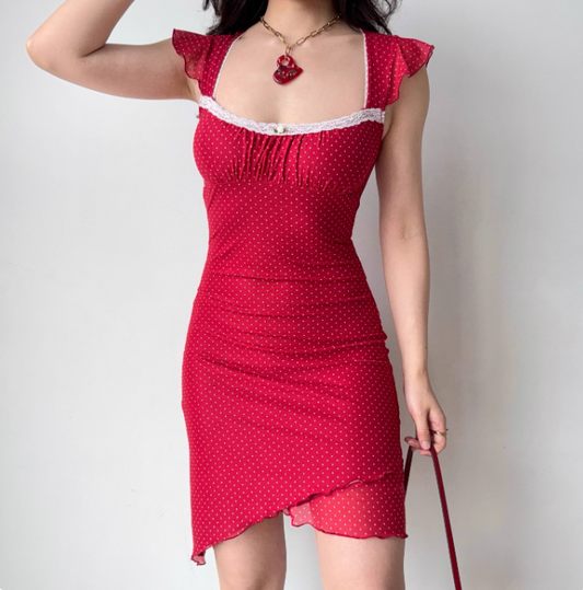 Cute Summer Dress Square Neck Polka Dot Short Skirt Women Teenage Girl Vacation Seaside Date Dress  D2281