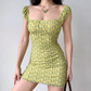 Cute Summer Dress Square Neck Short Fitted Print Skirt Women Teenage Girl Vacation Date Party Dress    D2283