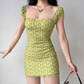 Cute Summer Dress Square Neck Short Fitted Print Skirt Women Teenage Girl Vacation Date Party Dress    D2283