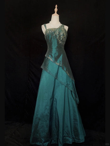 Formal Prom Dress Asymmetrical Straps Beading Tiered Evening Dress Gala Dress Business Dinner Dress D2292