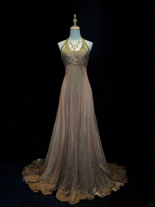 Charming Long Prom Dress Halter Pleated Evening Dress Gala Dress Business Dinner Dresses D2298