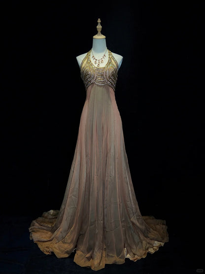 Charming Long Prom Dress Halter Pleated Evening Dress Gala Dress Business Dinner Dresses D2298