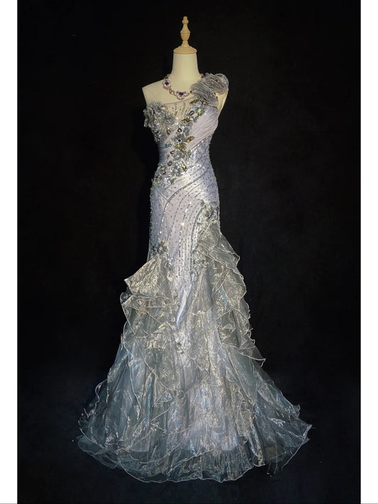 Beauty Prom Dress One Shoulder Tulle Ruffle Gala Dress Evening Dress Business Dinner Dress   D2324