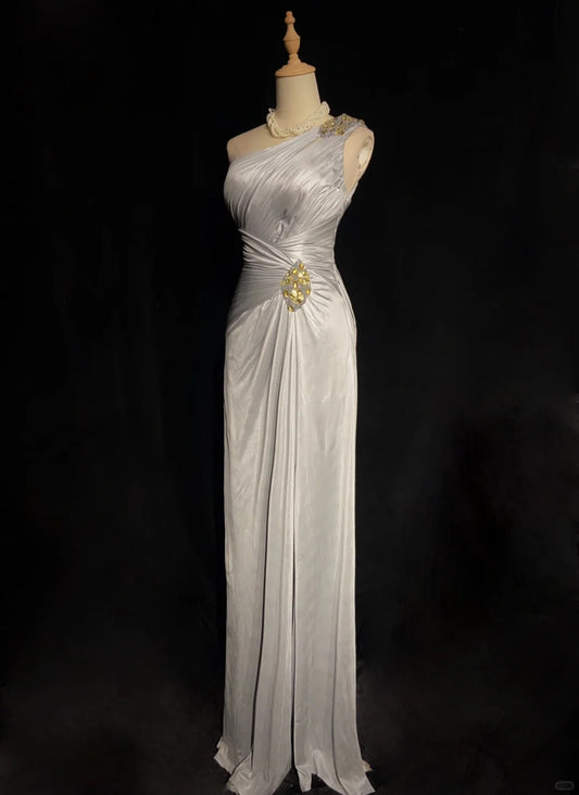 Elegant Prom Dress One Shoulder Blackless Pleated Gala Dress Evening Dress Business Dinner Dress   D2325