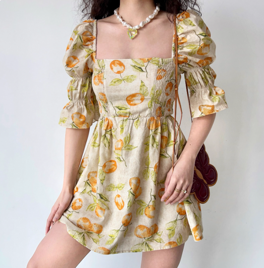 Retro Summer Dress A Line Square Neck Print Short Skirt Women Teenage Girl Dress Vacation Seaside Dress Date Dress  D2333