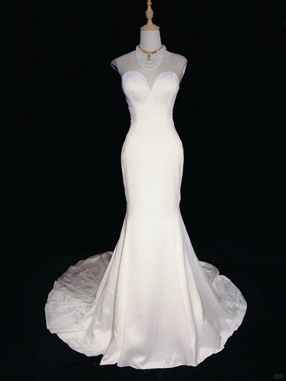 Minimalist Wedding Dress White Crew Neck Backless Mermaid Prom Gown Gala Dress Wedding Dress Evening Dress   D2354