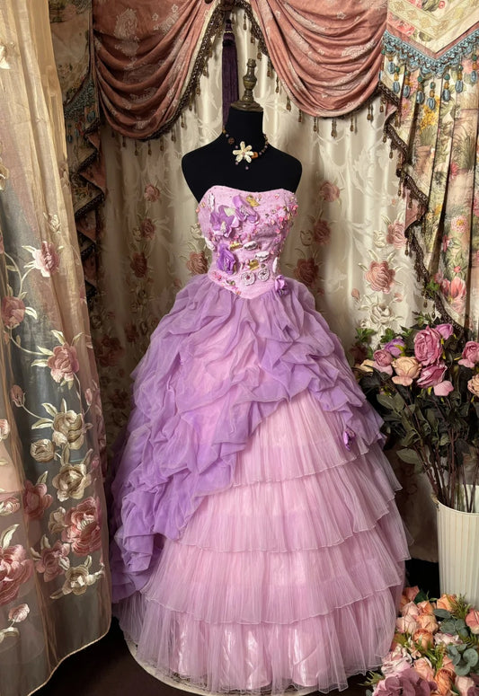 Sweet Prom Dress Strapless Flower Pleated Ball Gown Evening Dress Party Birthday Dress  D2391