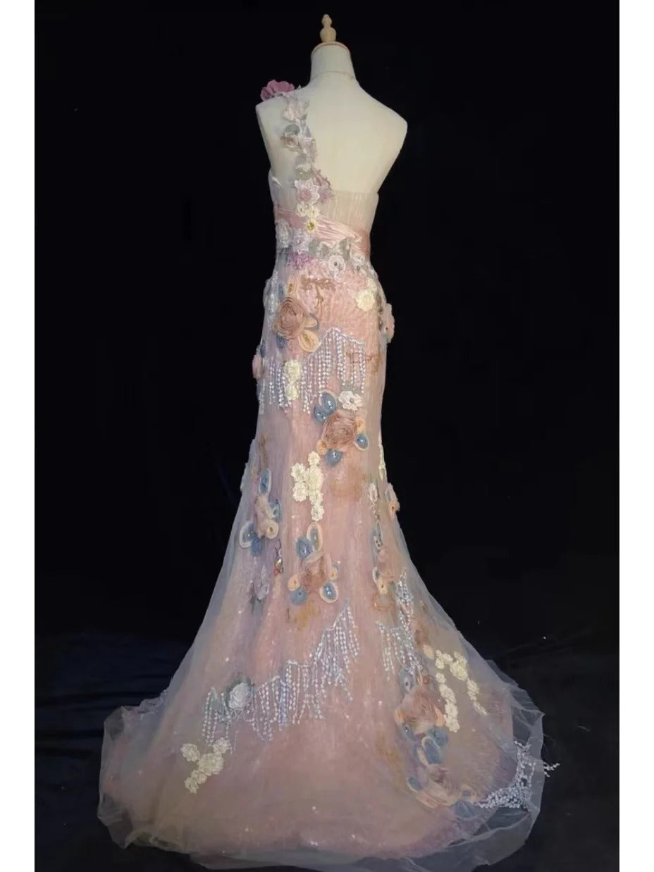 Romantic Prom Dress One Shoulder Flower Prom Gown Evening Dress Gala Dress Birthday Party Dress  D2423