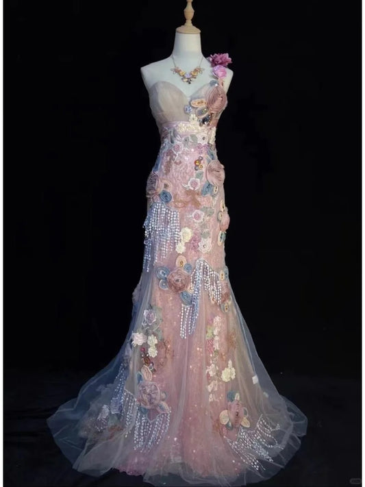 Romantic Prom Dress One Shoulder Flower Prom Gown Evening Dress Gala Dress Birthday Party Dress  D2423