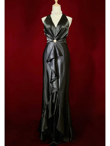 Charmante robe de bal à col en V et dos nu, à volants, robe de soirée, robe de gala, robe de dîner d'affaires, D2440