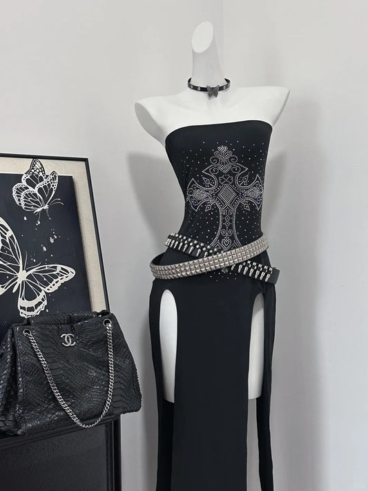 Sexy Abendkleid Trägerlos Langes Schwarzes Kleid Geburtstagspartykleid Halloween Custome Kleid D2455