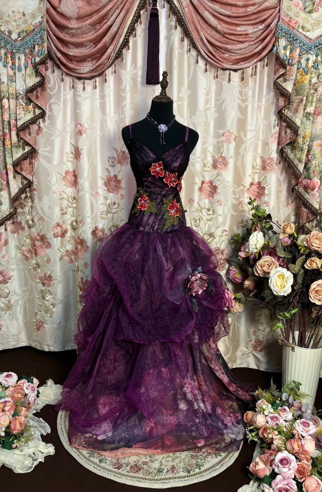 Charmante robe de bal à bretelles spaghetti en tulle fleuri, robe de soirée, robe de gala D2470
