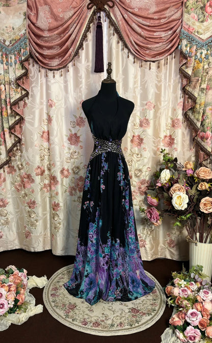 Superbe robe de bal trapèze dos nu imprimée, longue robe de soirée, robe de gala D2471