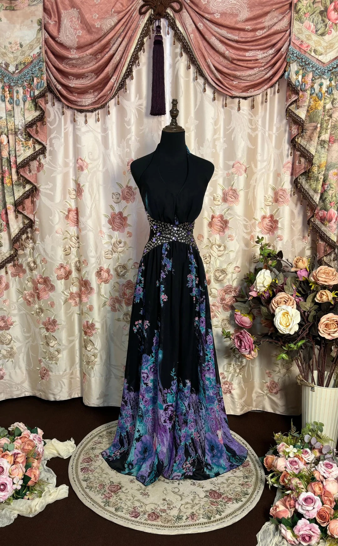 Superbe robe de bal trapèze dos nu imprimée, longue robe de soirée, robe de gala D2471