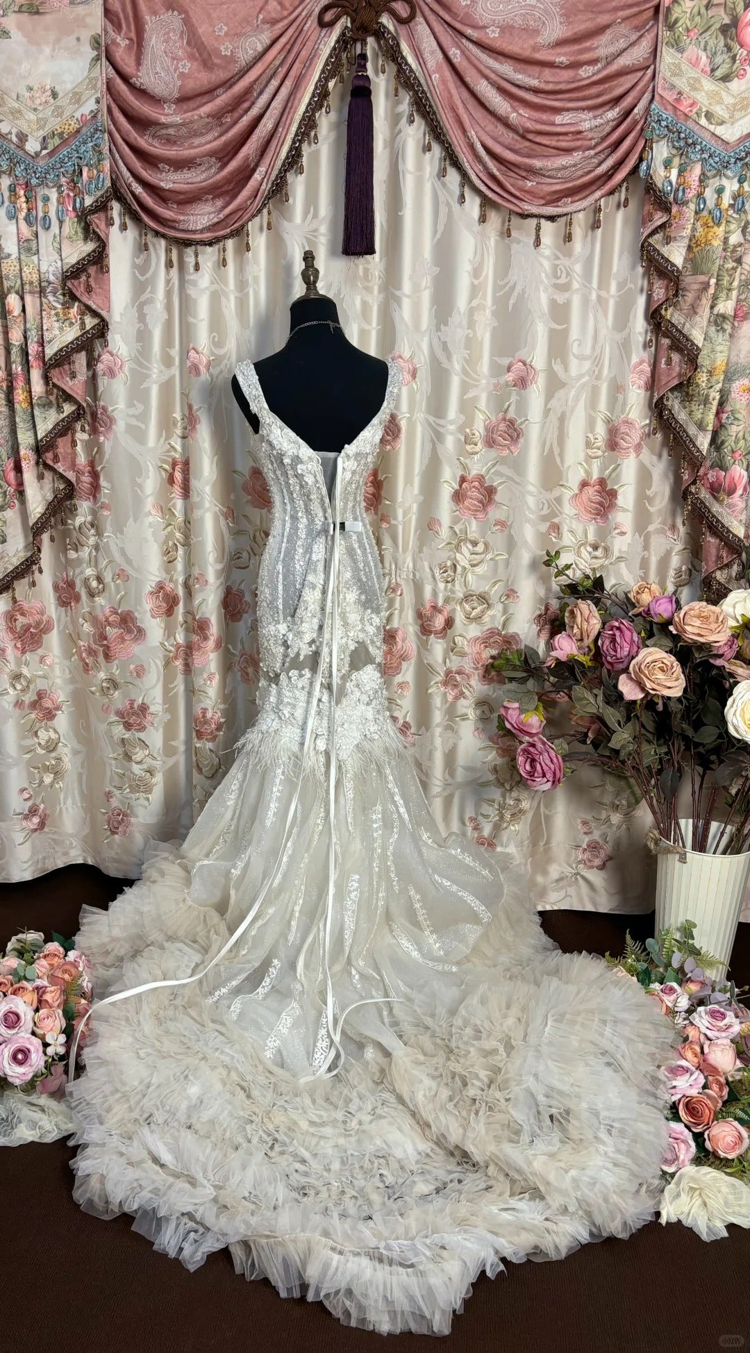 Superbe robe de bal à bretelles et fleurs plissées style sirène, robe de soirée, robe de gala D2479