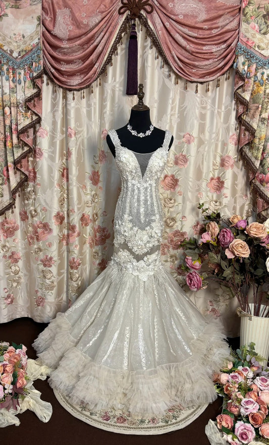 Superbe robe de bal à bretelles et fleurs plissées style sirène, robe de soirée, robe de gala D2479