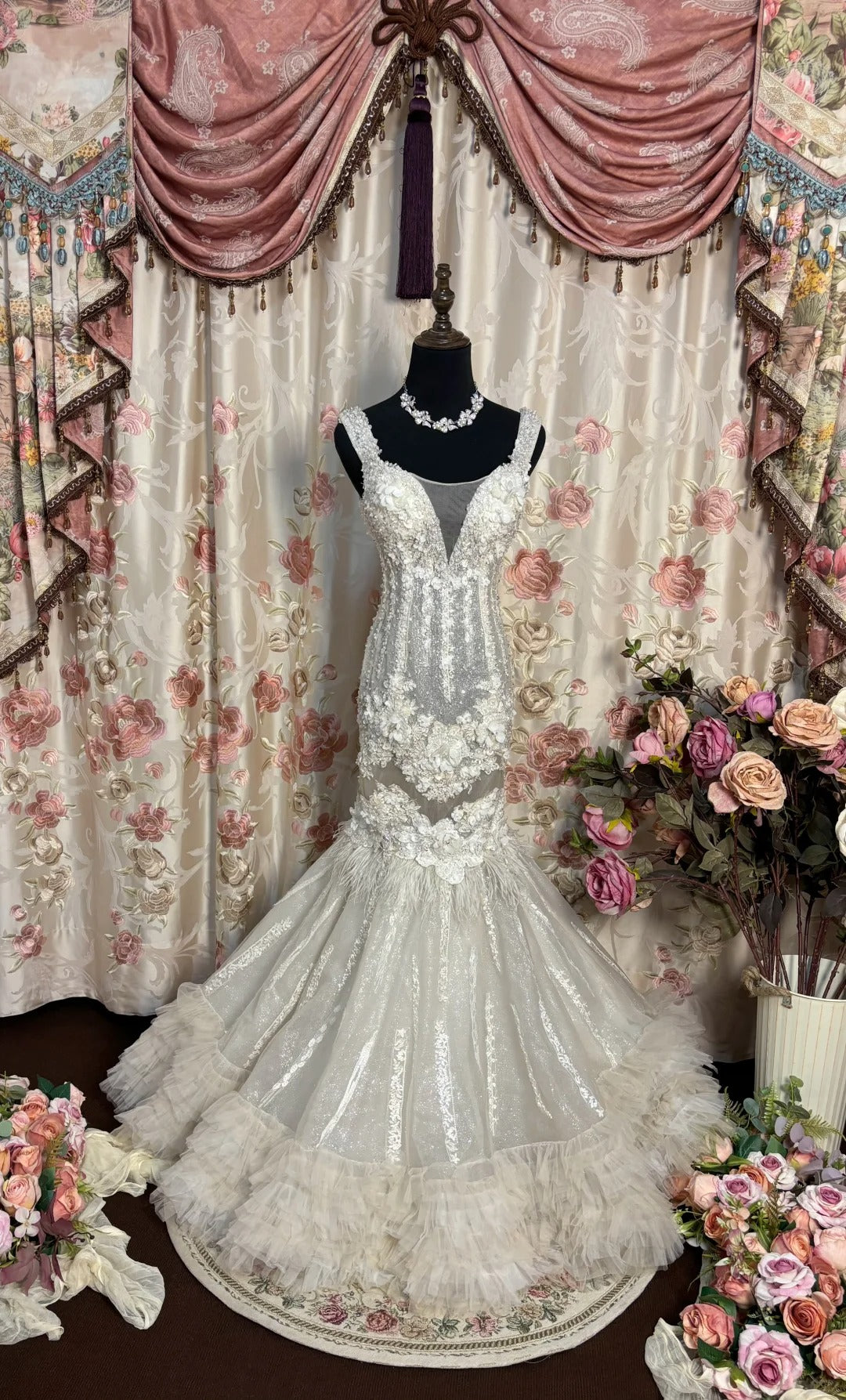 Superbe robe de bal à bretelles et fleurs plissées style sirène, robe de soirée, robe de gala D2479