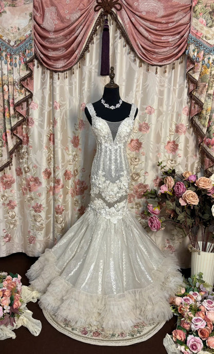 Superbe robe de bal à bretelles et fleurs plissées style sirène, robe de soirée, robe de gala D2479