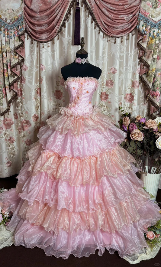 Cute Prom Dress Strapless Pleated Tiered Ball Gown Evening Dress Gala Dress Masquerade Ball  D2488