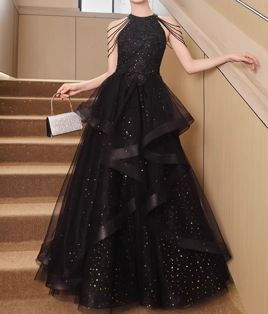 Glänzendes Ballkleid mit Rundhalsausschnitt aus Tüll, Abendkleid, Partykleid, Tanzkleid D2496