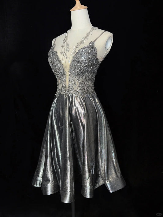 Shiny Homecoming Dress Spaghetti Straps Short Prom Gown Cocktail Dress Backe to School Outfits   D2513