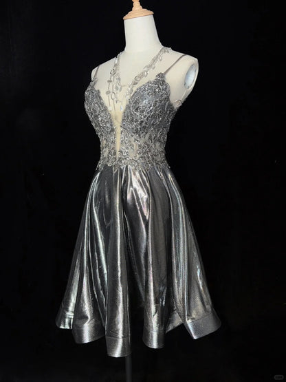 Shiny Homecoming Dress Spaghetti Straps Short Prom Gown Cocktail Dress Backe to School Outfits   D2513