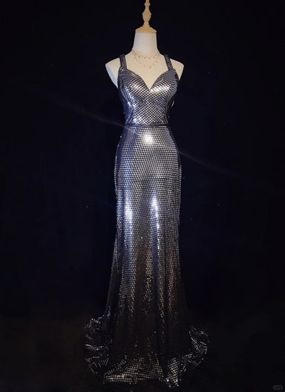 Robe de bal brillante à bretelles spaghetti et dos nu, robe de soirée de gala D2521
