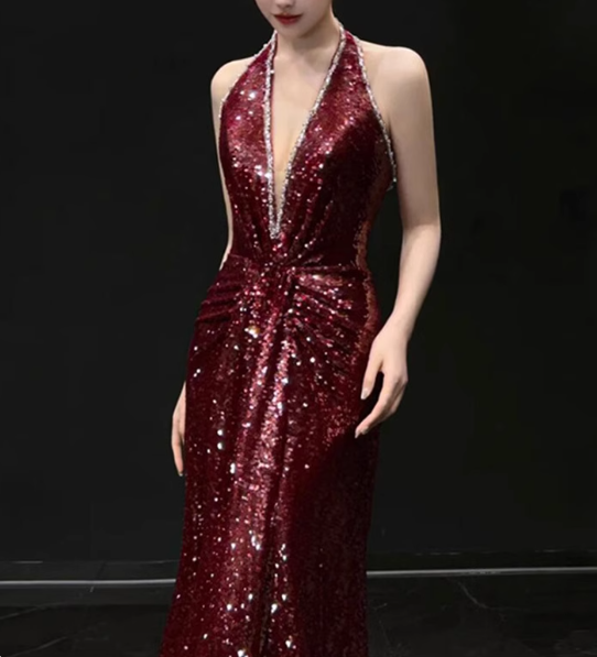Robe de bal brillante à paillettes et dos nu, robe de soirée, robe de gala D2530