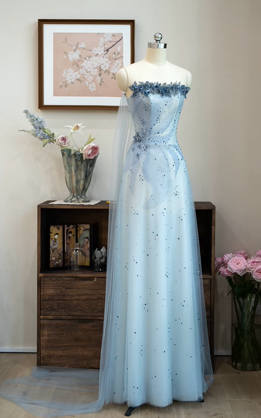 Stunning Prom Dress Strapless Baby Blue Print Prom Gown Evening Dresses Gala Dress       D2567