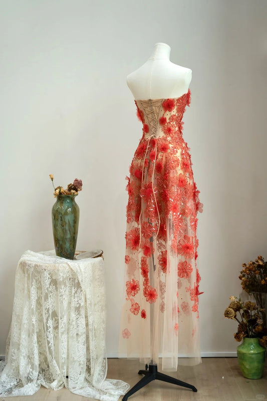 Pretty Prom Dress Strapless Flower Prom Gown Evening Dresses Gala Dress Party Dress     D2568