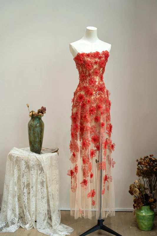 Pretty Prom Dress Strapless Flower Prom Gown Evening Dresses Gala Dress Party Dress     D2568