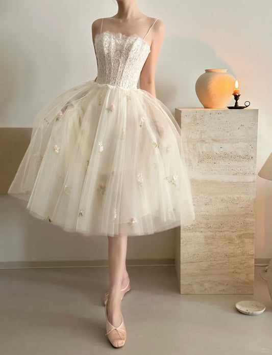 Pretty Prom Dress Spaghetti Straps Pleated Floral Prom Gown Evening Dresses Gala Dress Party Dress    D2572