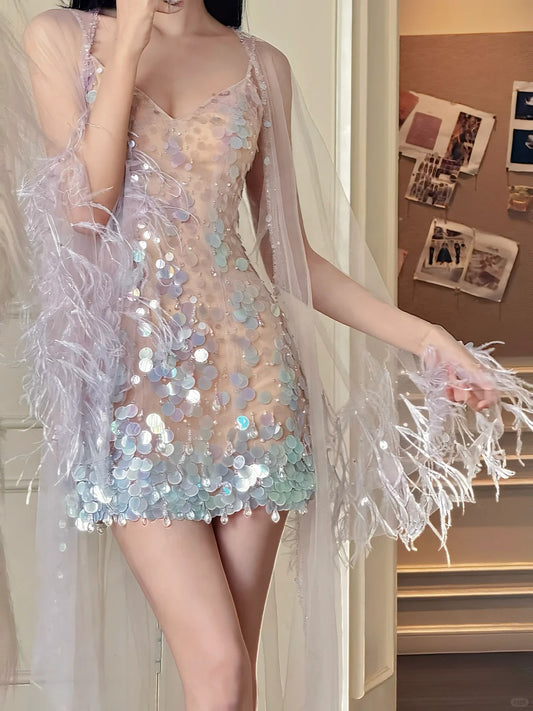 Shiny Prom Dress Spaghetti Straps Sequins Short Prom Dress Homecoming Dresses Gala Dress Party Dress    D2573