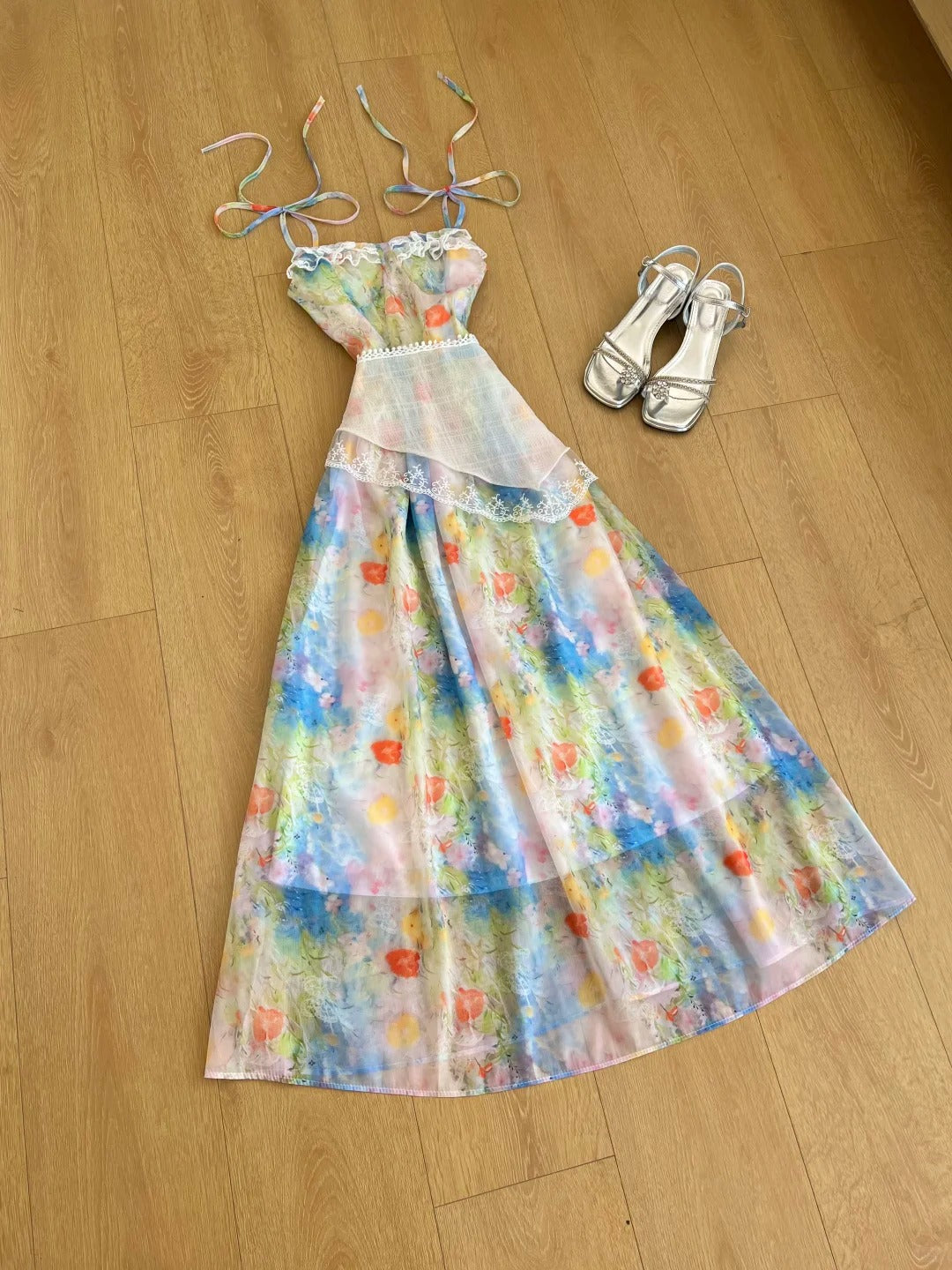 Hübsches Ballkleid mit Spaghettiträgern und Print, Ballkleid, Partykleid D2581