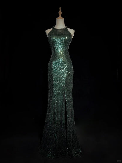 Shiny Prom Dress Crew Neck Sequins Slit Prom Dress Birthday Party Dress Evening Dresses     D2594