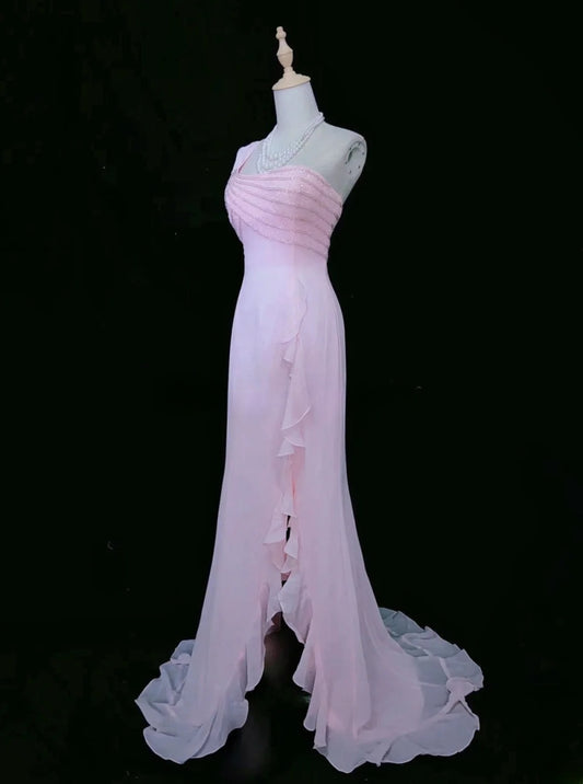 Sweet Prom Dress One Shoulder Ruffle Slit Prom Gown Gala Dress Evening Dresses    D2599