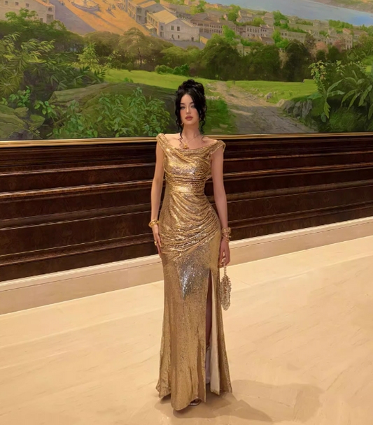 Shiny Prom Dress Off Shoulder Pleated Evening Dresses Birthday Party Dress Prom Gown Gala Dress  D2614