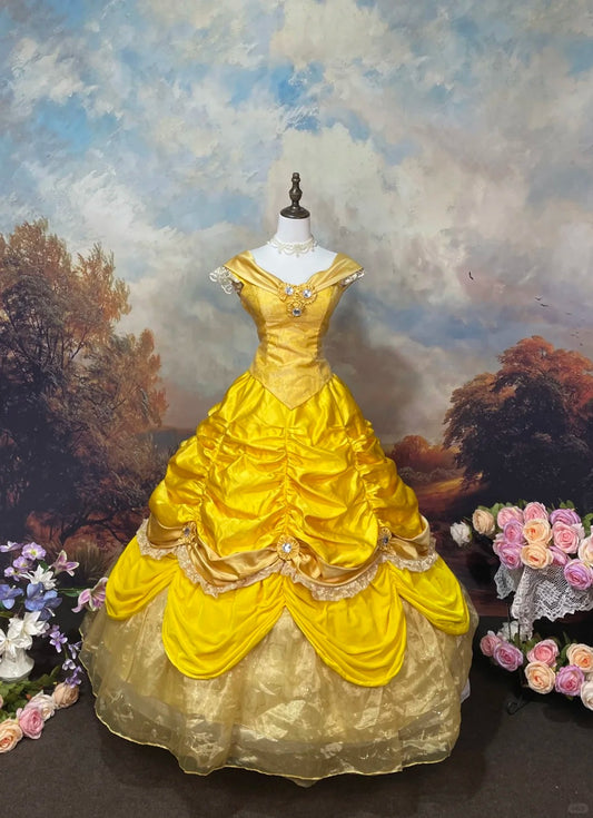 Sweet Prom Dress Yellow Pleated Tiered Evening Dress Ball Gown Quinceanera Dresses   D2623