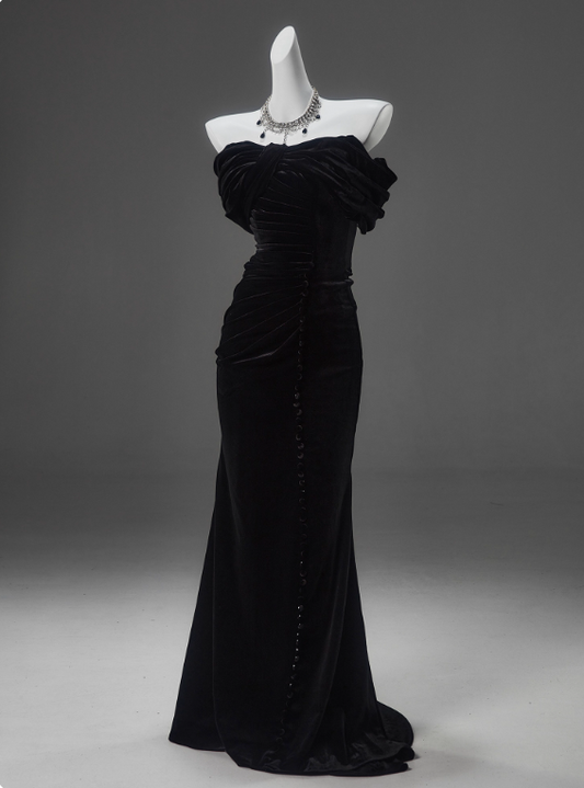 Charming Prom Dress Black Strapless Pleated Mermaid Prom Gown Gala Dress Evening Dress  D2633