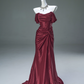 Elegant Prom Dress Wine Red Off Shoulder Pleated Mermaid Prom Gown Gala Dress Evening Dress D2636