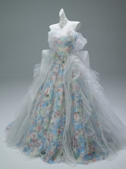 Pretty Prom Dress Off Shoulder Tulle Print Ball Gown Evening Dress Sweet 16 Dress Gala Dress  D2641