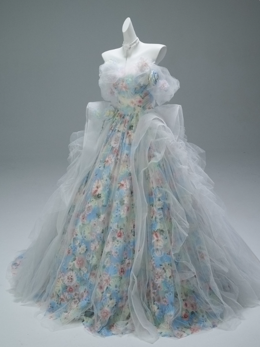 Pretty Prom Dress Off Shoulder Tulle Print Ball Gown Evening Dress Sweet 16 Dress Gala Dress  D2641