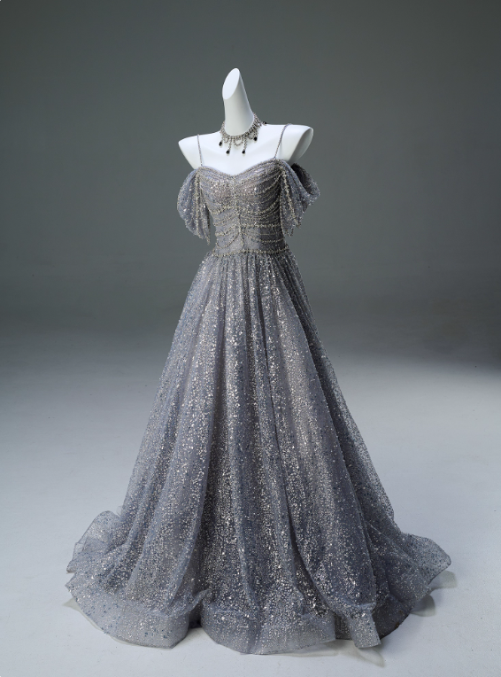 Shiny Prom Dress A Line Spaghetti Straps Pleated Prom Gown Evening Dress Gala Dress  D2642