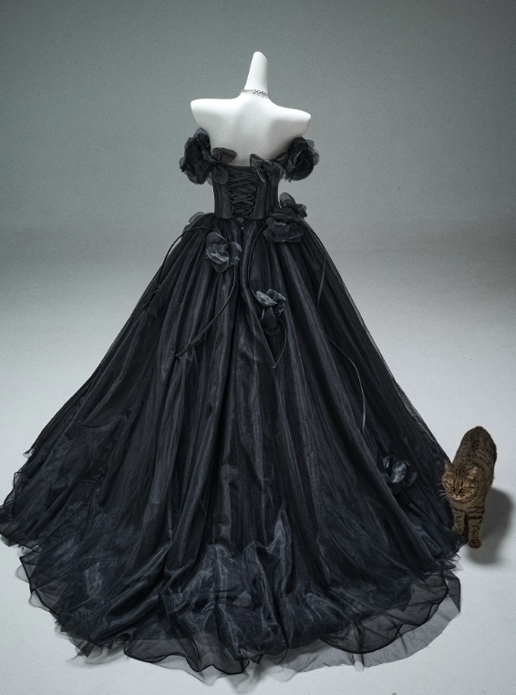 Stunning Prom Dress Black Off Shoulder Flower Pleated Ball Gown Evening Dress Masquerade Ball  D2645
