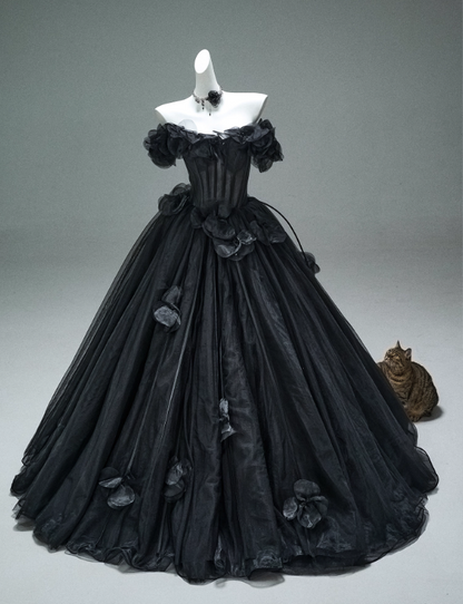 Stunning Prom Dress Black Off Shoulder Flower Pleated Ball Gown Evening Dress Masquerade Ball  D2645