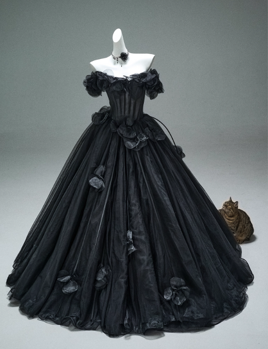 Stunning Prom Dress Black Off Shoulder Flower Pleated Ball Gown Evening Dress Masquerade Ball  D2645