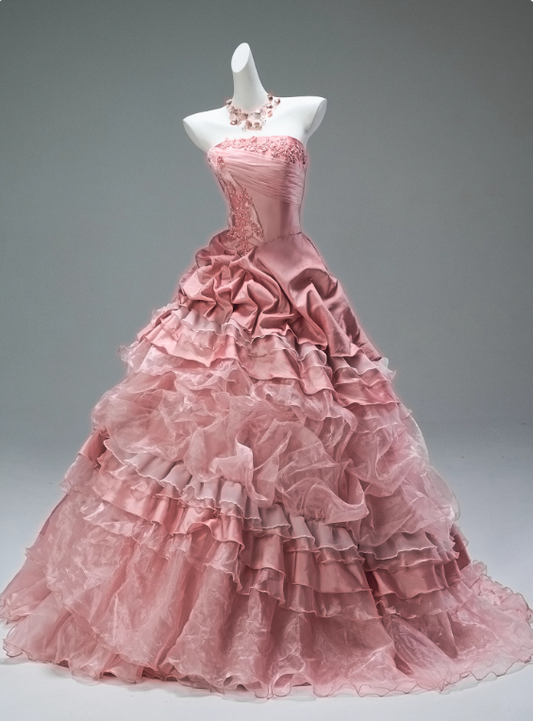 Sweet Prom Dress Strapless Tiered Pleated Ball Gown Evening Dress Quinceanera Dress Gala Dresses   D2649