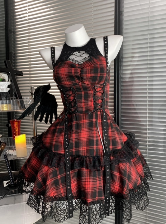 Pretty Crew Neck Checkered Short Women Dress Halloween Costumes Cosplay Dress  D2663